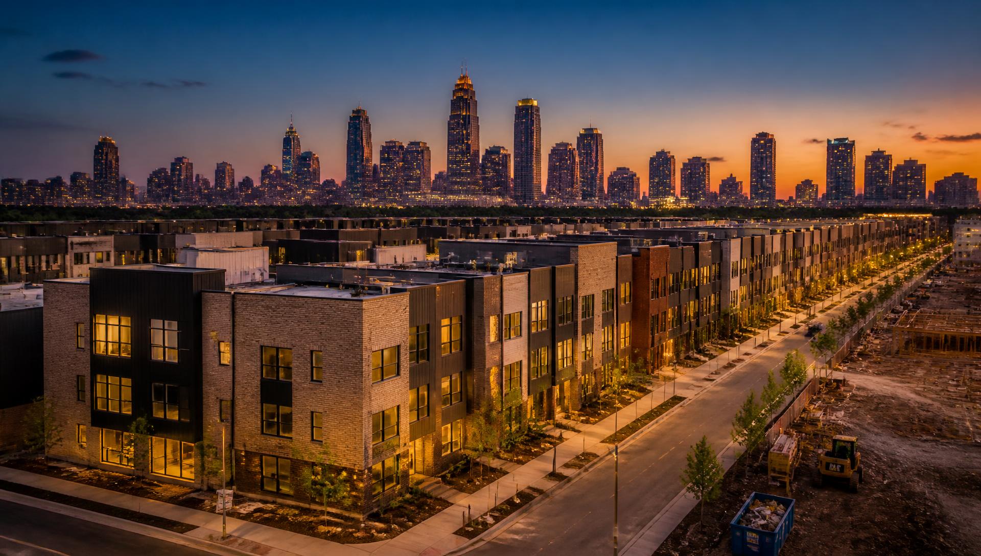 Modern townhome development with the Atlanta, Georgia skyline at dusk